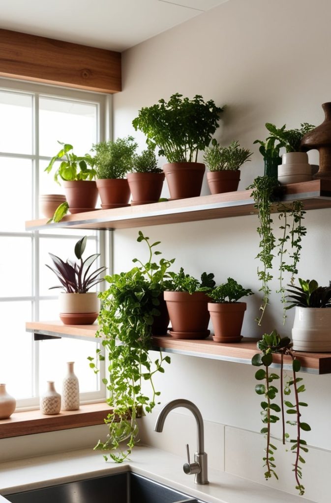 Floating Shelves with Greenery
