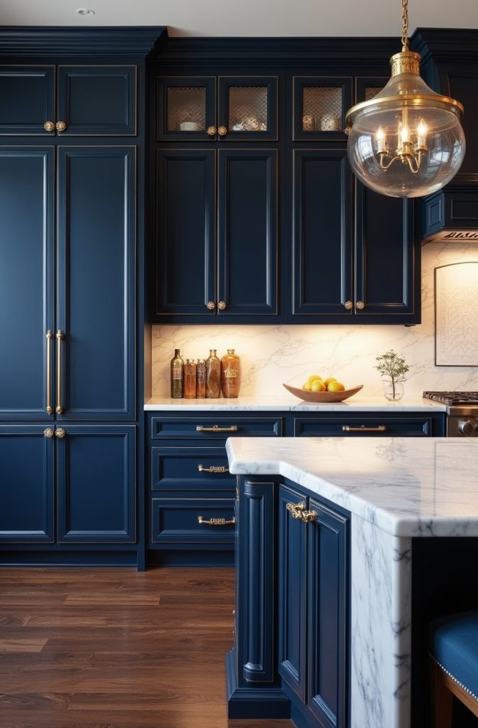 Navy Blue Velvet-Textured Cabinets with Gold Hardware