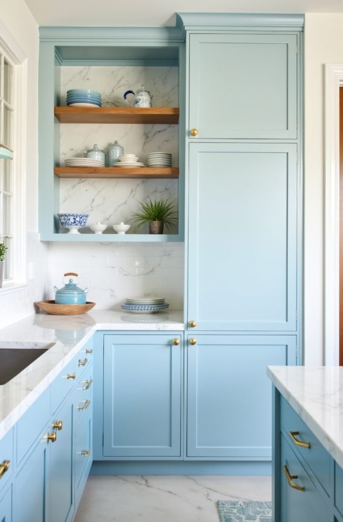 Powder Blue Shaker Cabinets with Marble Counters