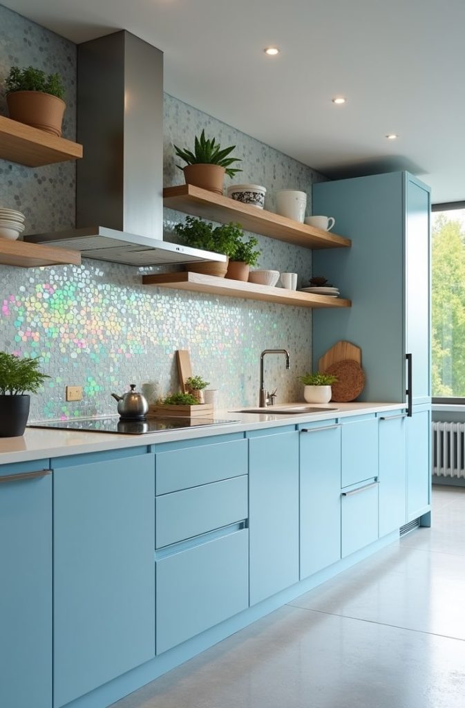 Sky Blue Flat-Panel Cabinets with Hexagon Backsplash