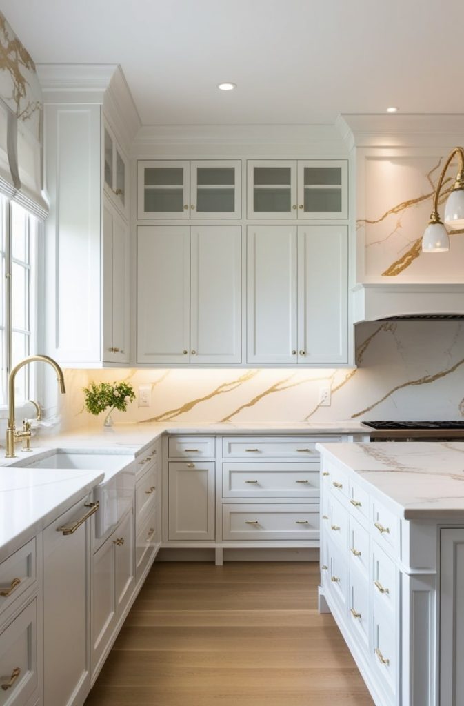 White Cabinets with Marble Countertops