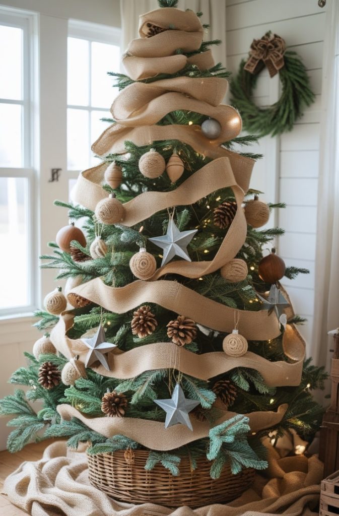 Farmhouse Christmas Tree with Burlap and Wood Accents