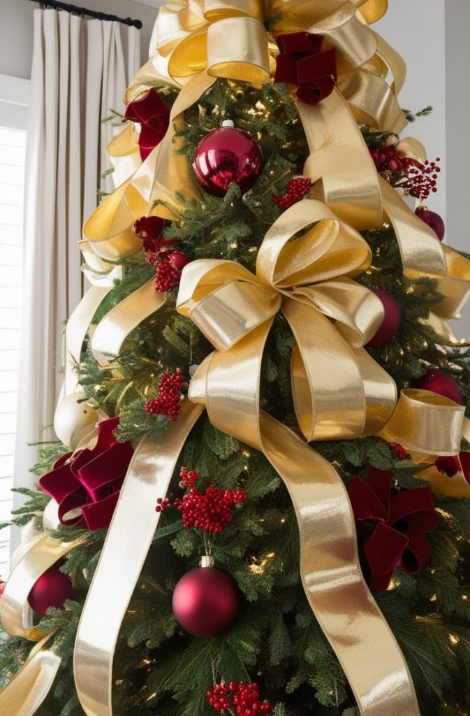 Glamorous Gold Ribbon Tree with Red Accents