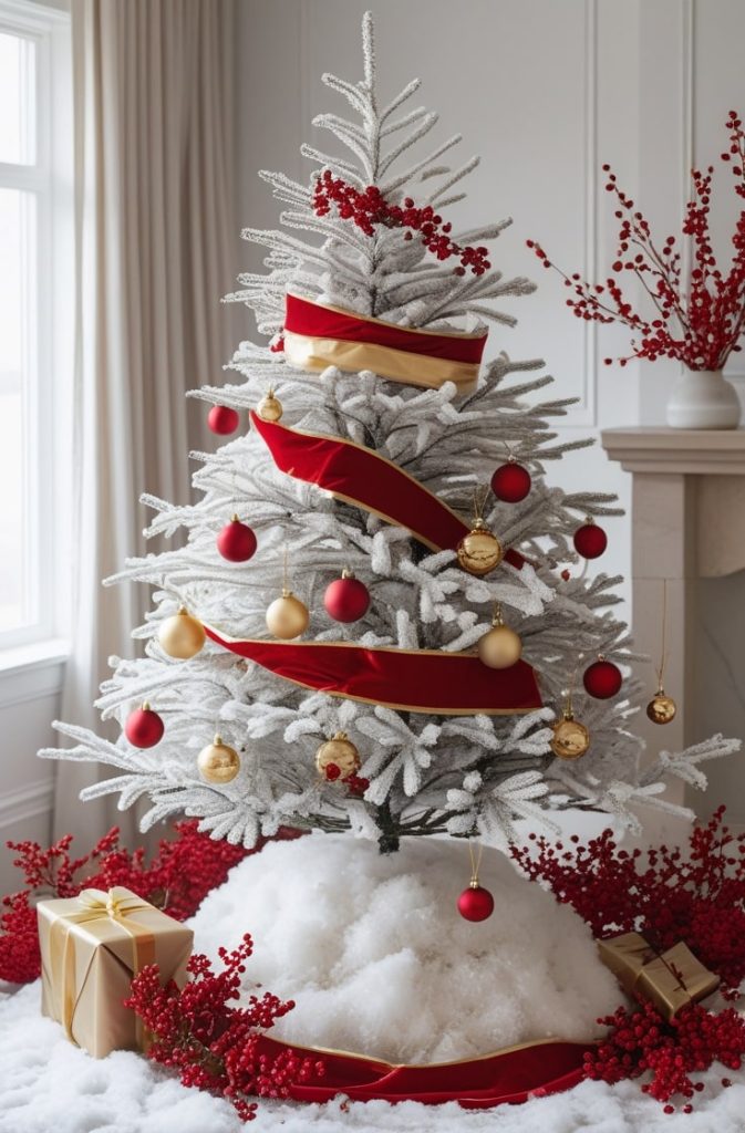 Minimalist Red and Gold Tree with White Accents
