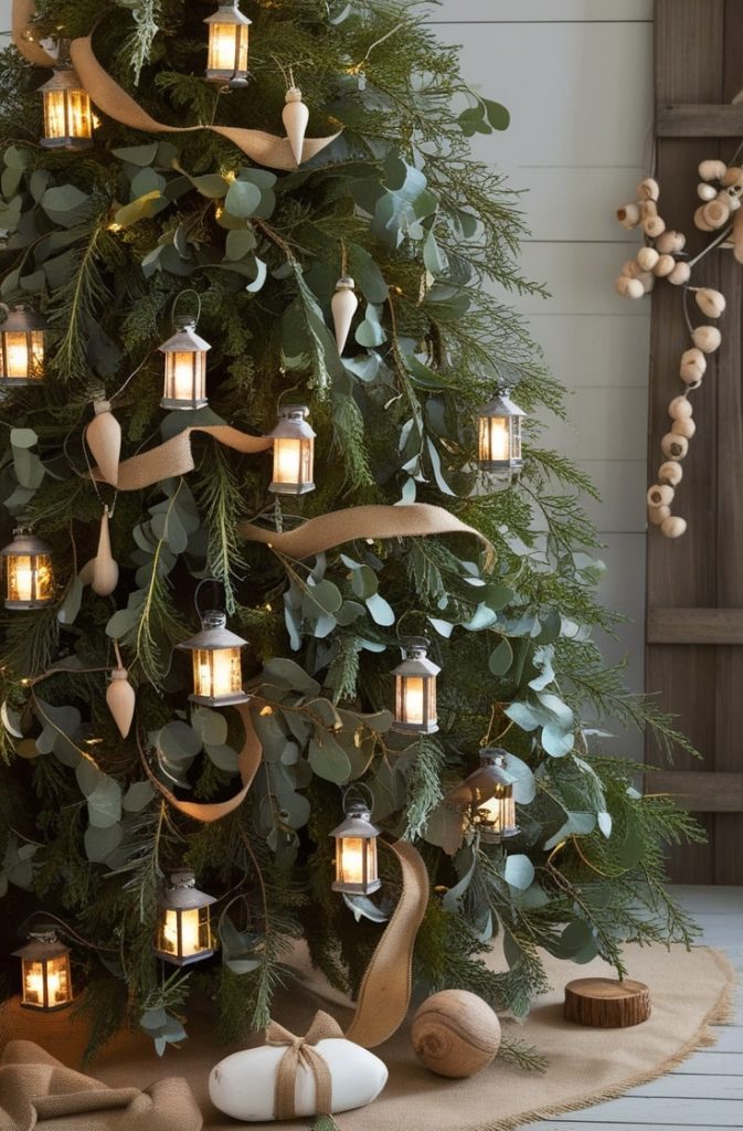 Rustic Tree with Lantern Lights and Greenery Garland