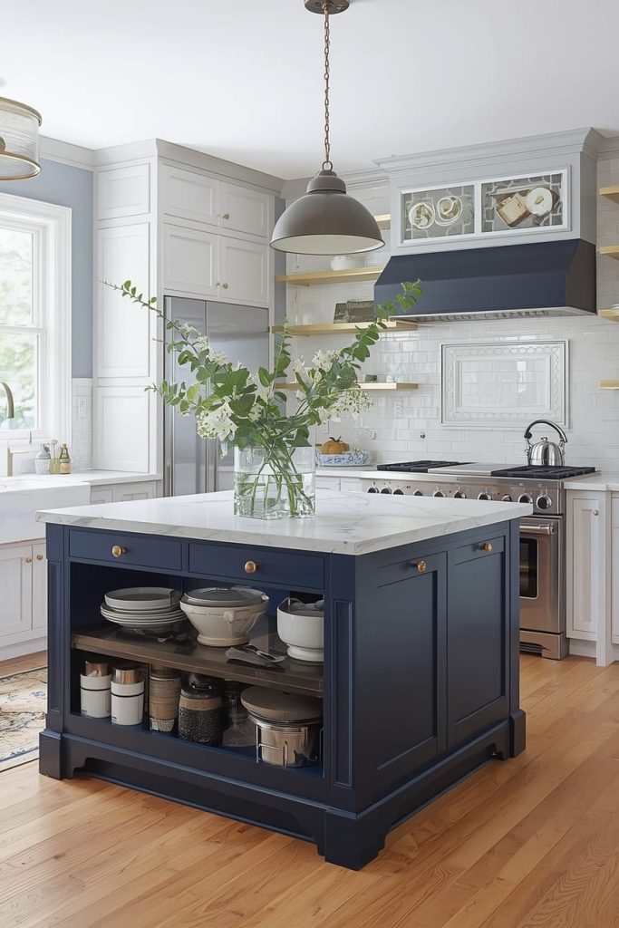 Black Kitchen Island with Light Cabinets for Drama