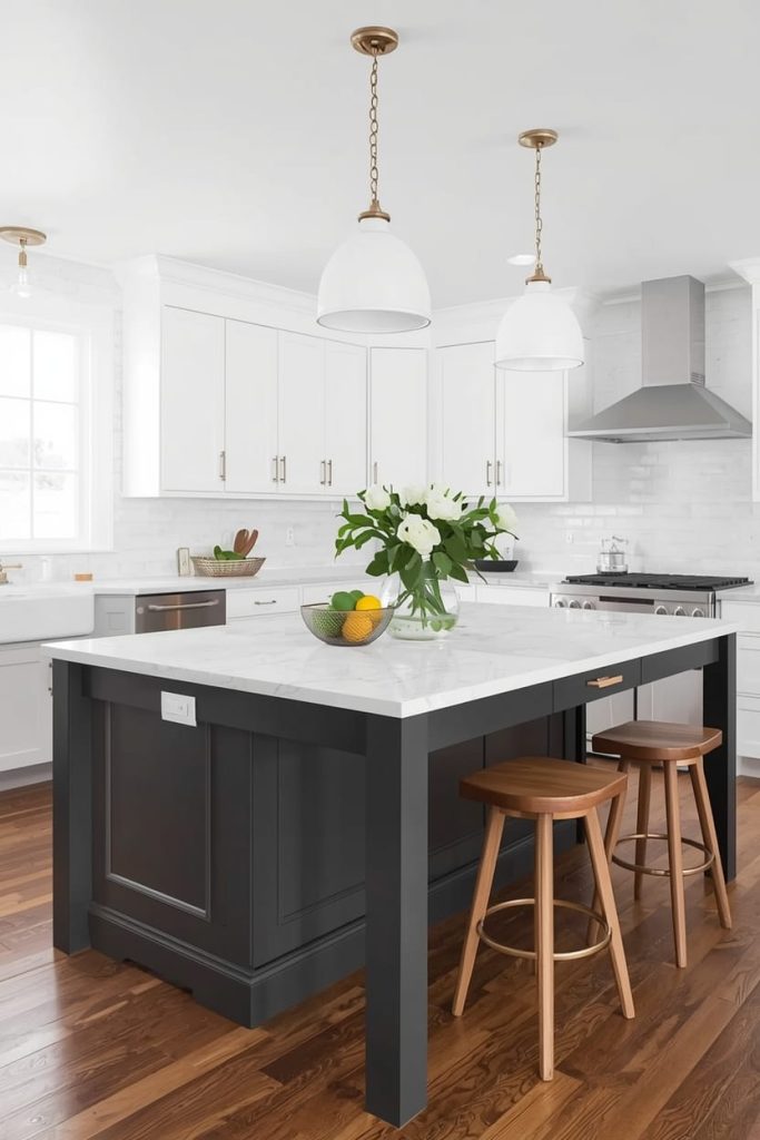 Blue Kitchen Island with White Cabinets