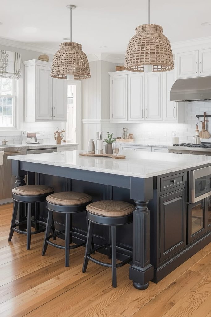 Farmhouse White Kitchen Dark Island