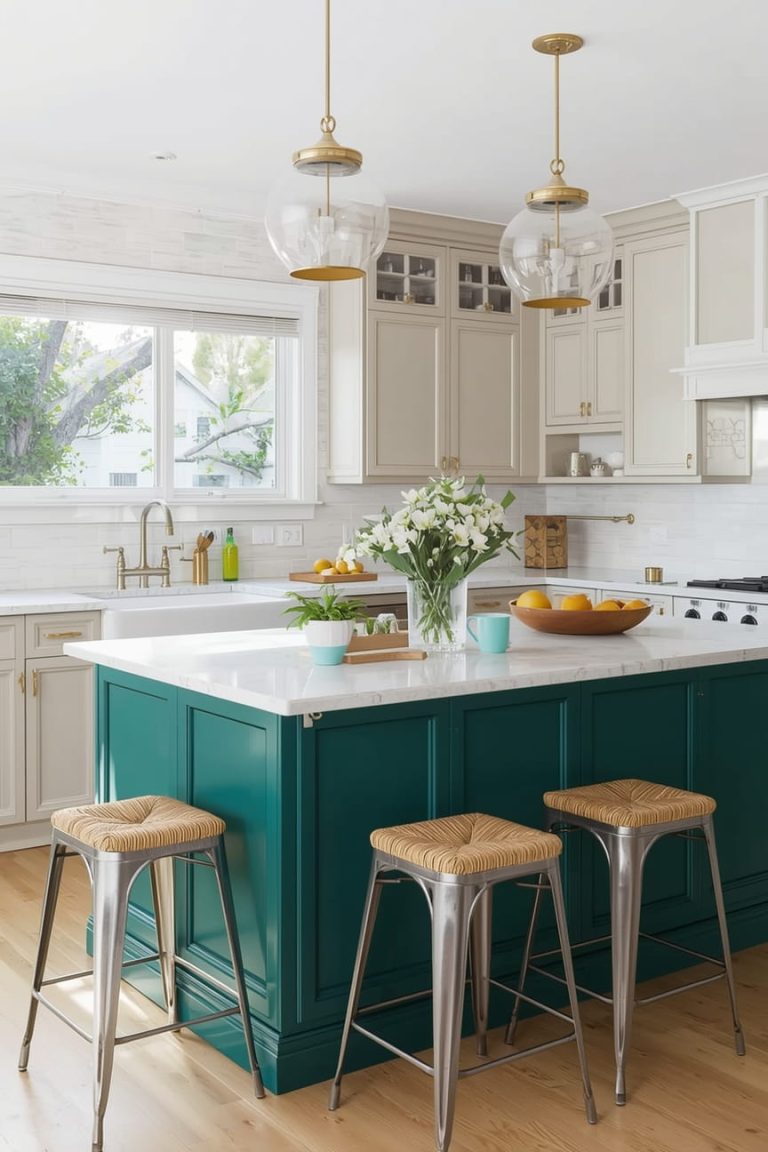 Gray Cabinets with White Island for Soft Contrast