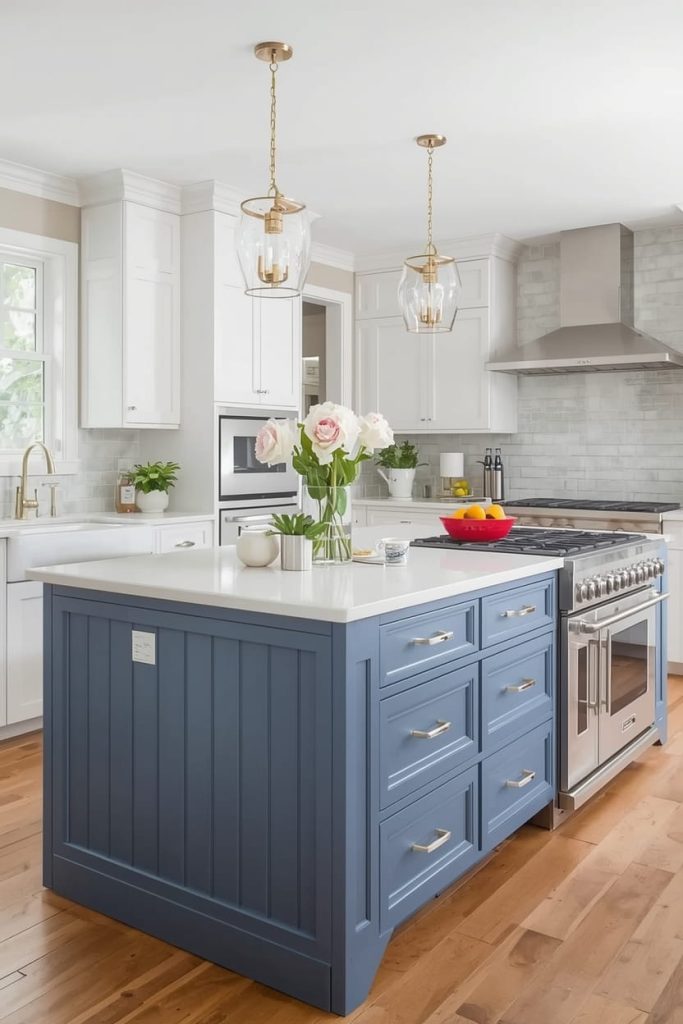 Gray Kitchen Island with White Cabinets