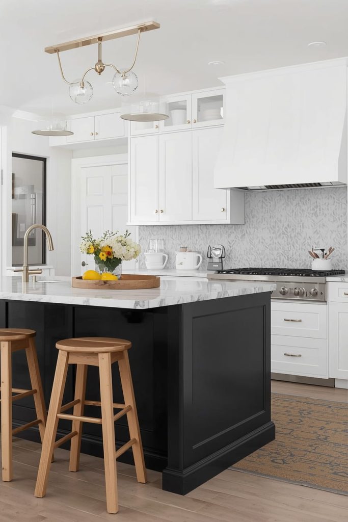 Modern White Kitchen With Dark Island and Warm Accents