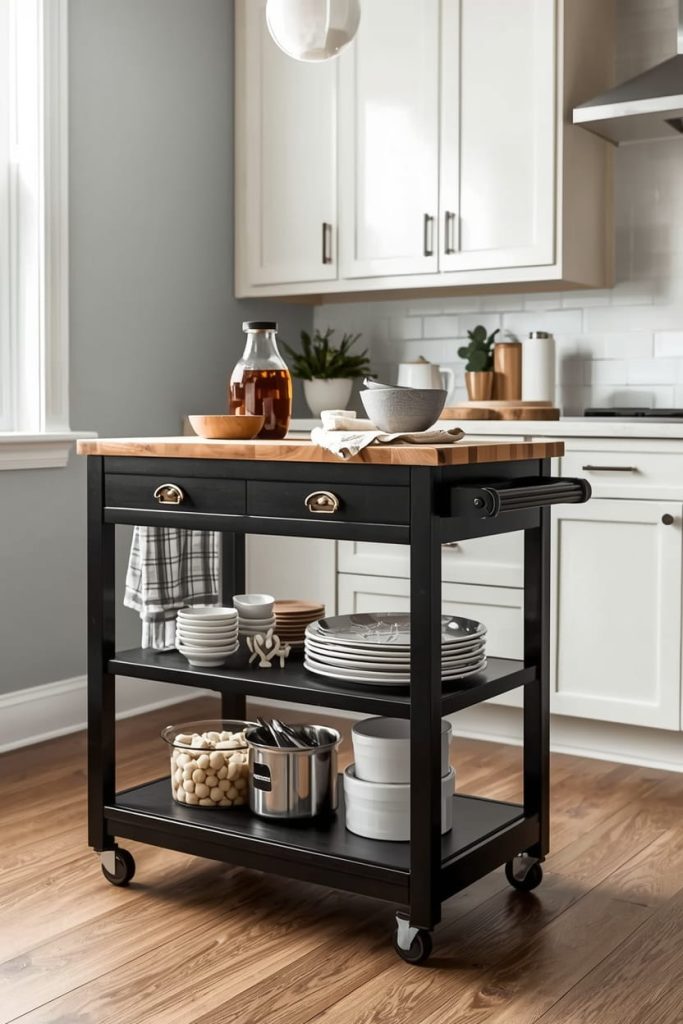 Rolling Kitchen Cart with Cabinet Storage for Hidden Organization