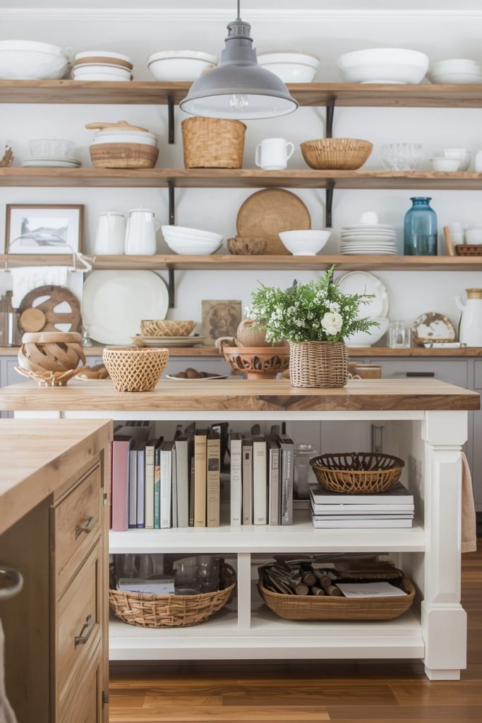 Rustic Farmhouse Kitchen Island with Open Shelving