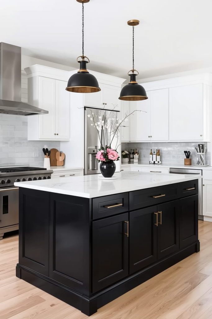 White Kitchen With Black Island for Timeless Contrast