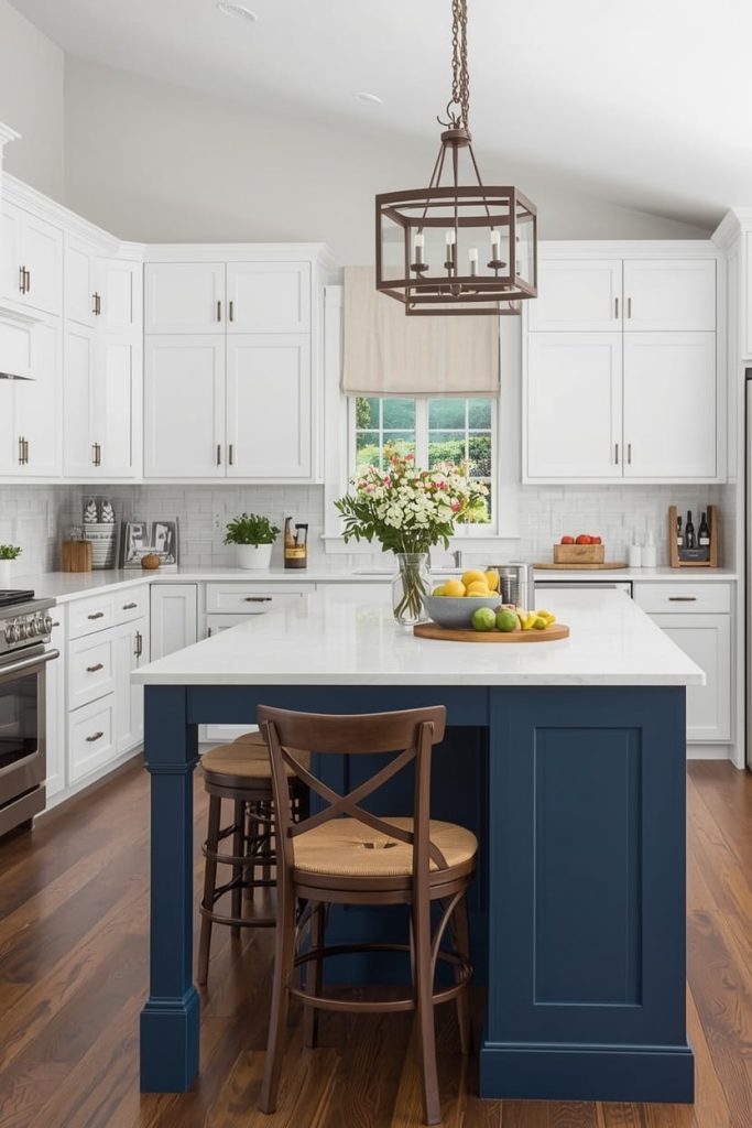 Wood Tone Island with a White Kitchen