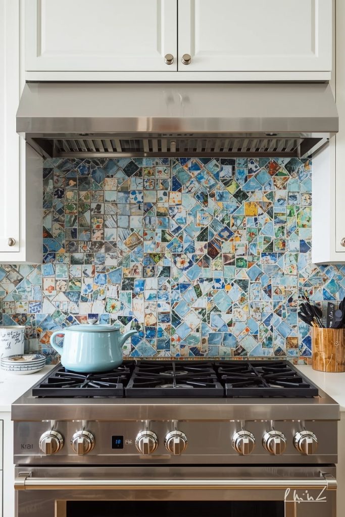 Artistic Kitchen Backsplash With Hand-Painted Tiles