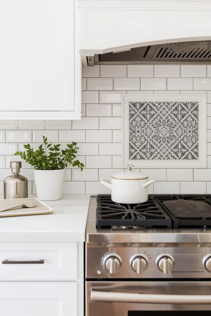 Beveled White Subway Tile Backsplash for Added Dimension