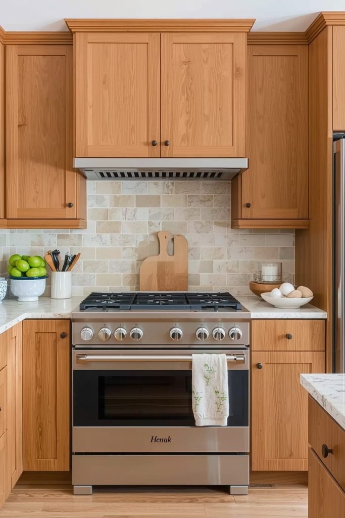 Classic Backsplash With Oak Cabinets Using Brick or Brick-Look Tile