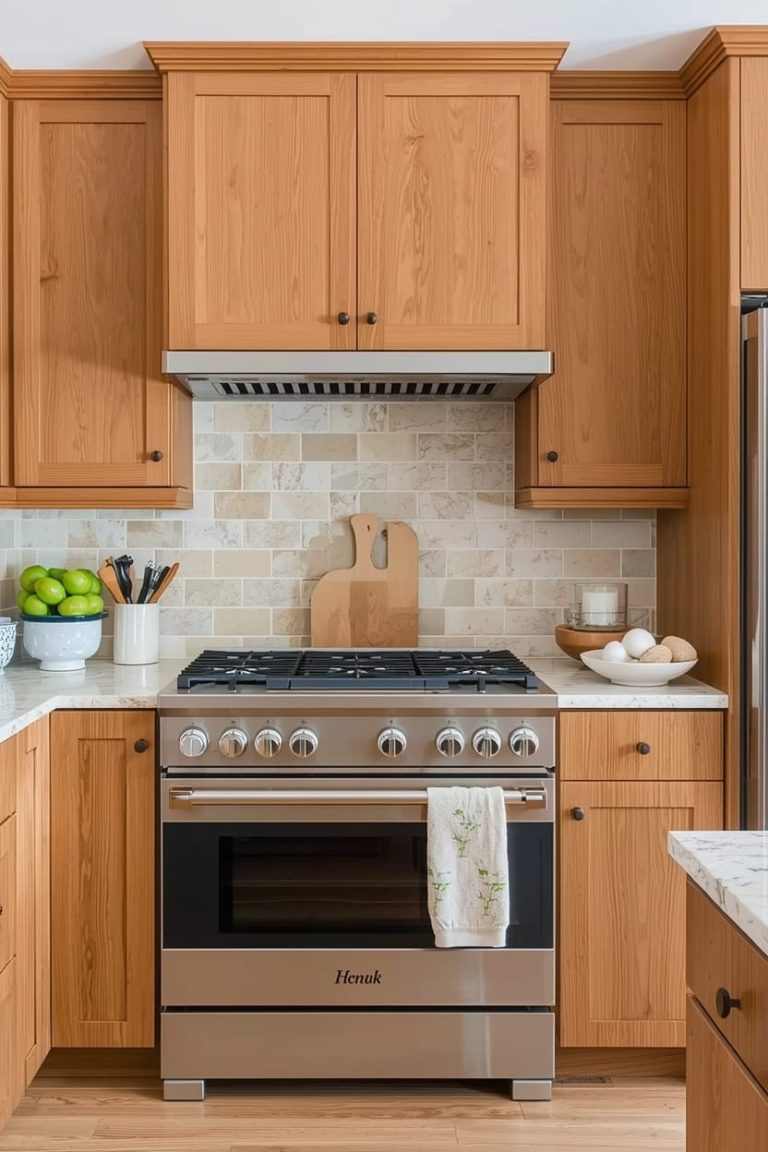 Classic Backsplash With Oak Cabinets Using Brick or Brick-Look Tile