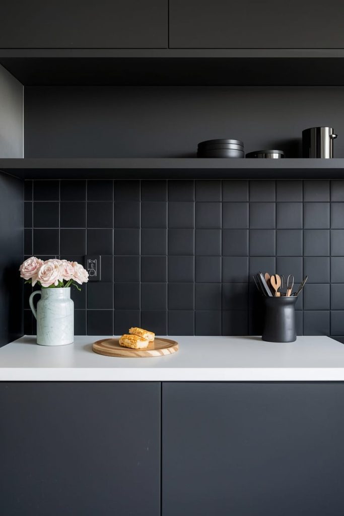 Dark Marble Backsplash Kitchen With Natural Veining
