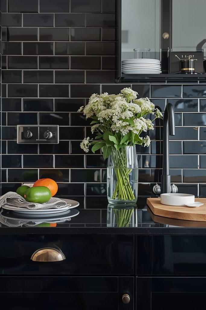 Glossy Dark Tile Backsplash to Reflect Light