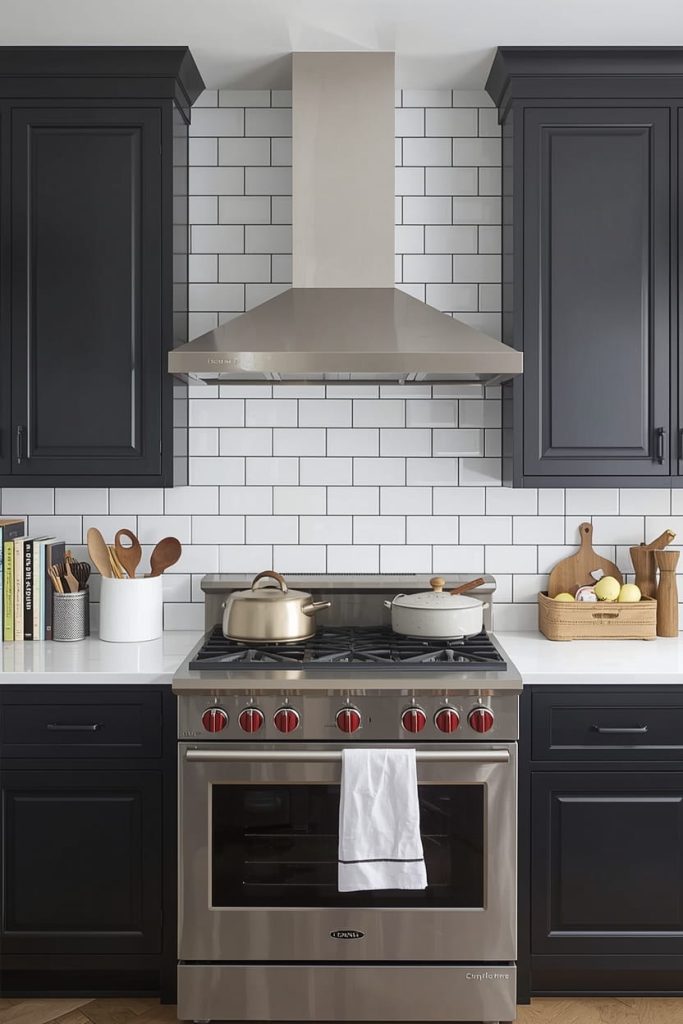 High-Contrast Backsplash Dark Cabinetry (Bold and Dramatic)
