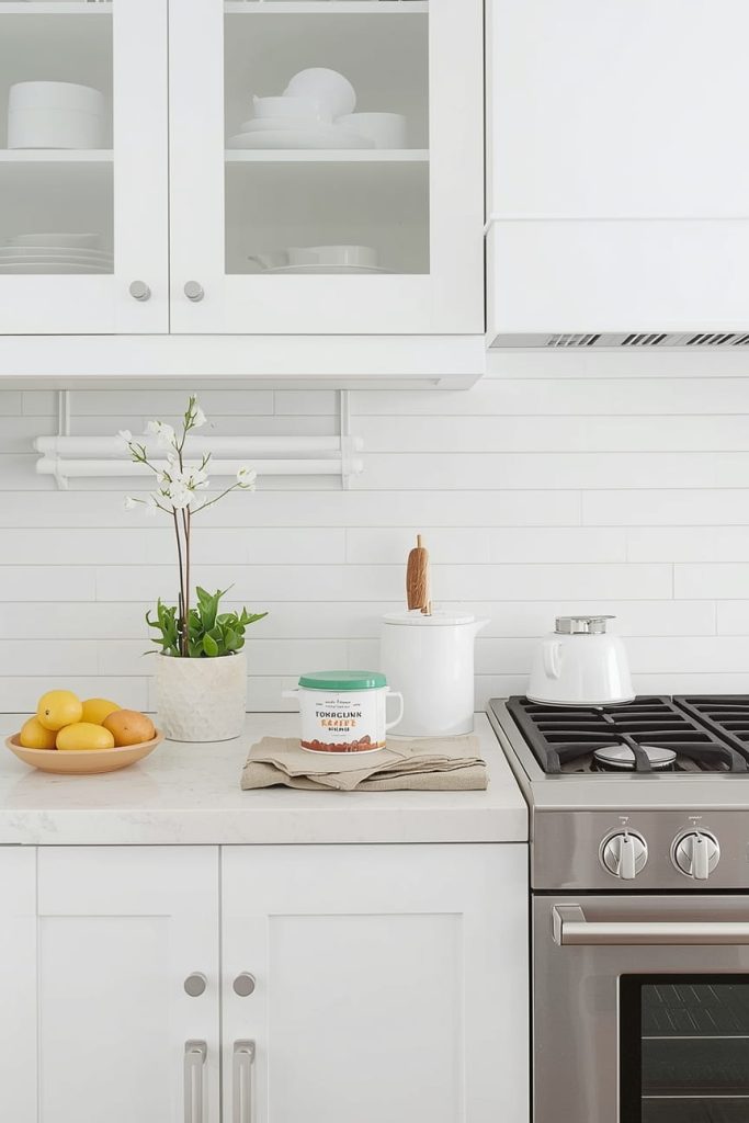 Modern White Subway Tile Backsplash With Vertical Stack Layout