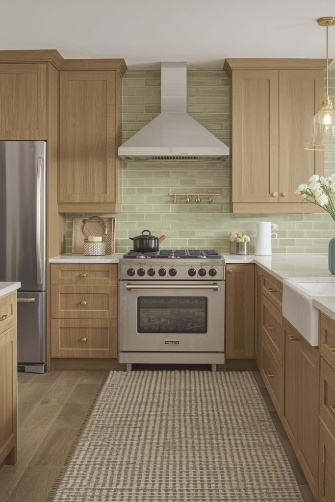 Stone Backsplash With Oak Cabinets for Natural Texture
