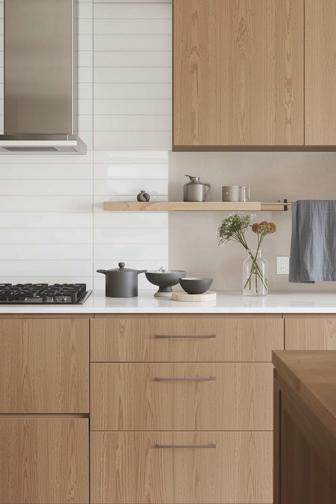 White Subway Tile Backsplash With Oak Cabinets